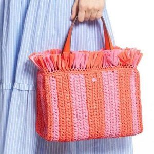 Kate Spade Sam Stripe Straw Medium Satchel in Juicy Orange